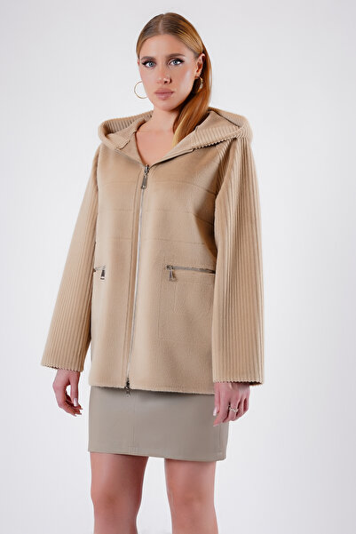 Leather Club Bej Çift Taraflı Kapüşonlu Yün Kaban