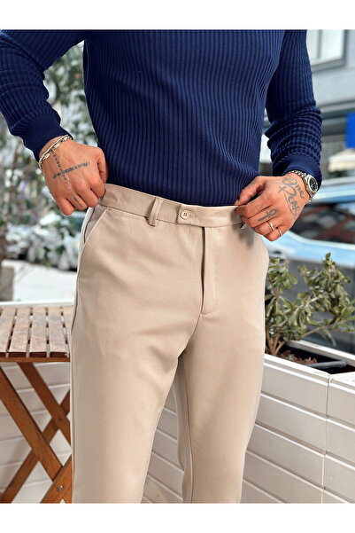 manch collection Kemer Detaylı İtalyan Kesim Kumaş Pantolon Krem