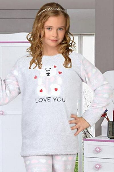 embody Cocolino girls' pyjamas, fluffy and warm, love you teddy bear print, grey