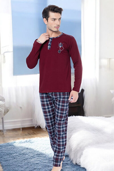 embody Men's cotton pyjama trousers in large sizes, long sleeves and trousers with pockets in burgundy 205