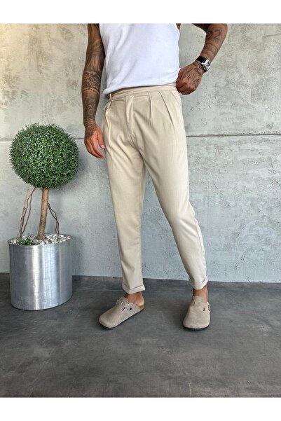 KağanKY Παντελόνι από ύφασμα με πλισέ κρέμα