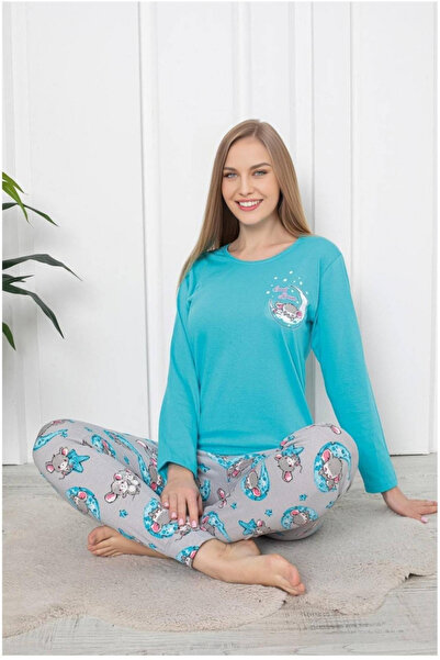 embody Pijamale din bumbac pentru femei, imprimeu cu ursuleți de pluș și lună, albastru 110