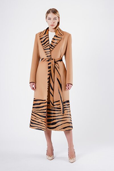 Leather Club Camel Leopar Deri Desenli Hakiki Kaşmir Kaban