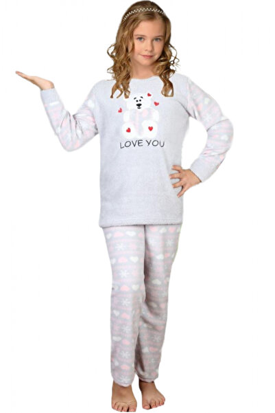 embody Cocolino girls' pyjamas, fluffy and warm, love you teddy bear print, grey