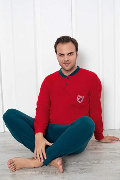 embody Cocolino men's pyjamas, soft and warm soft polar fleece, red/blue