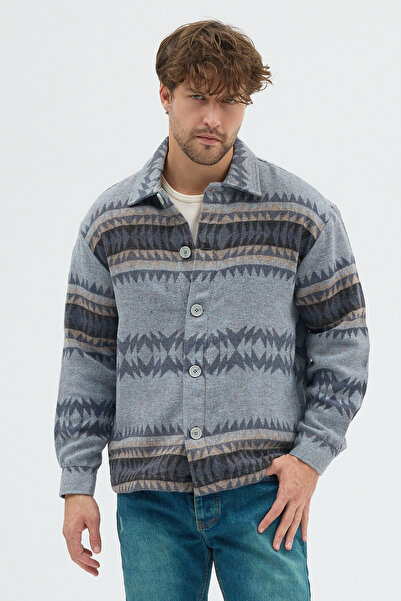 steppe rıder Erkek Oversize Kalın Kışlık Etnik Kilim Desenli Ceket Gömlek Ove...