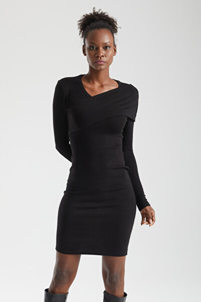 By Yaren Yazıcı Kadın Siyah Bisiklet Yaka Yakada Drape Kaplama Uzun Kollu Triko Elbise Gündüz Gece Ofis Şıklığı