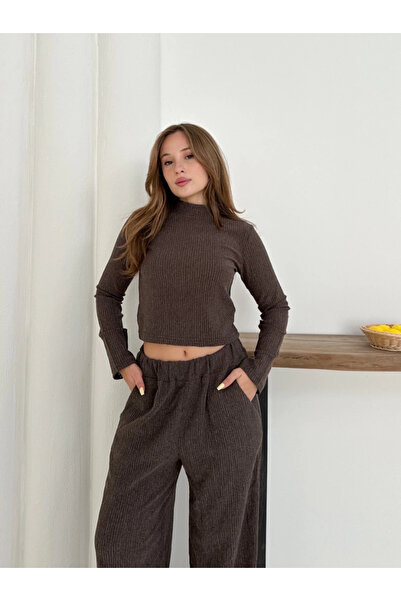 Zerenyus Turtleneck Knitted Top and Bottom Set Brown