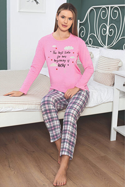 embody Pijamale damă din bumbac udat, imprimeu cu nori, roz 15259