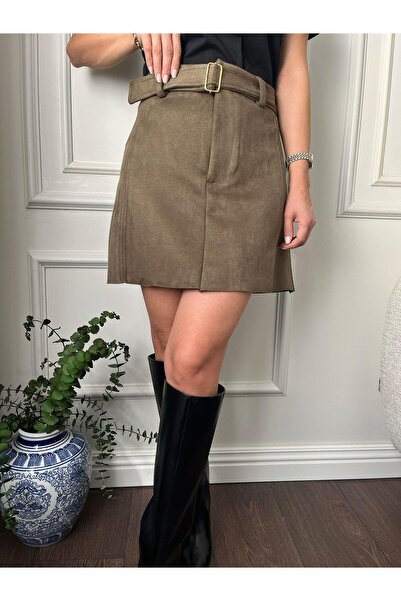 Büşce SÜET MİNİ KEMERLİ ETEK HAKİ