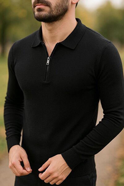 JR Boutique Erkek Polo Yaka Fermuarlı İnce Basic Triko Kazak