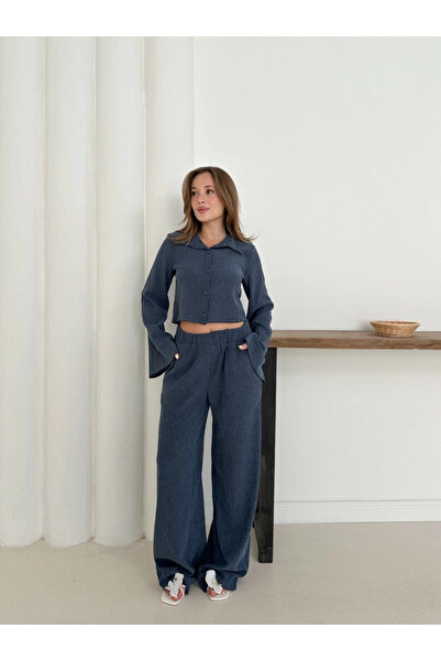 Ethab Ticaret Shirt Collar Covered Button Suit Navy Blue