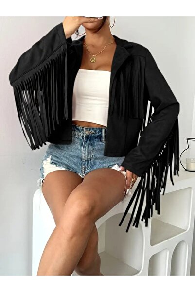 JANES Women's Long Sleeve Collared Short Tassel Suede Jacket