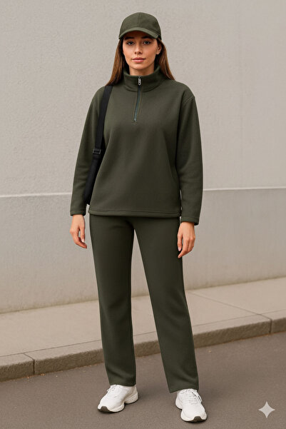 ALPACO Women's Turtleneck Zipper Detail Fleece Sweat and Pants Two-Piece Set