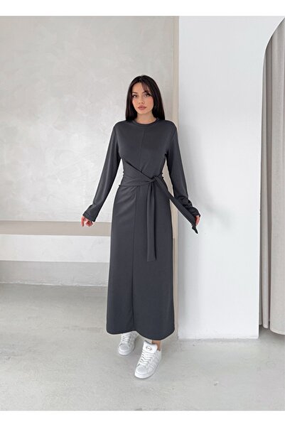 novalook Uzun Kollu Bağlamalı Modal Kumaş Elbise