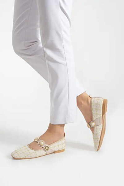 nuvora Kadın Tüvit İnci Detaylı Arkası Kapalı Alçak Topuk Mary Jane Günlük Babet