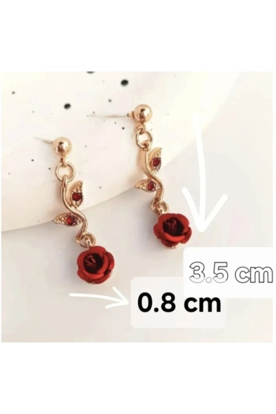 ER TAKI Taşlı Gold Renkli Zarif Kırmızı Gül Çiçekli Şık Parti Nişan Kına Düğün Abiye Küpe