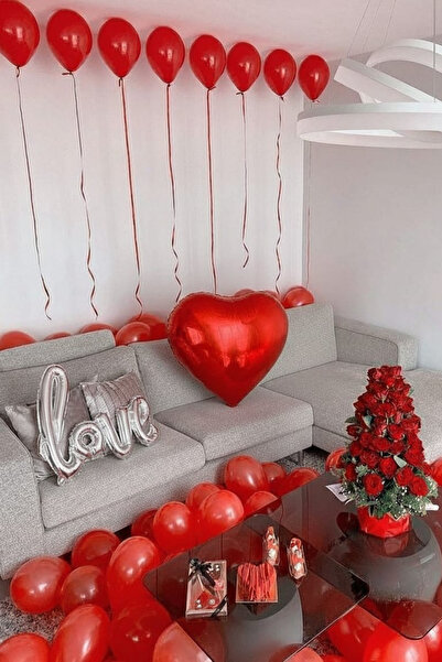 SkyPop 10 Metallic Red, 1 Silver Love and 1 Red Heart Foil, Raffia, Balloon Tape, Lover