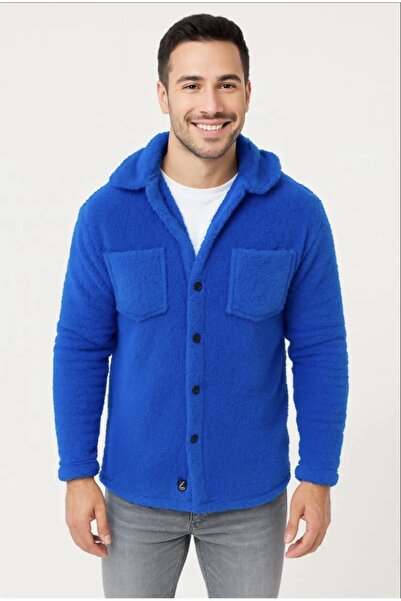 MONSİ GİYİM Velmora Premium Men's Plush Fleece Cardigan Shirt - Cobalt Blue
