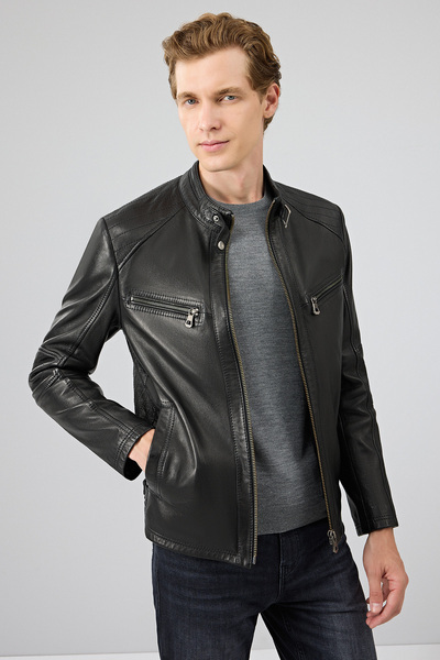 Derimod Jefferson Erkek Siyah Hakim Yaka Slim-Fit Deri Ceket 25WGF6584WF