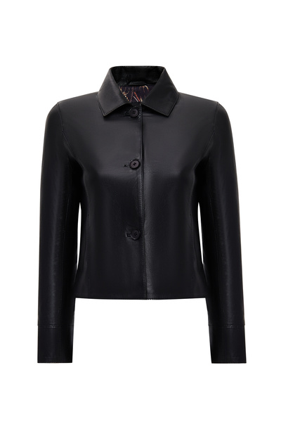 Derimod Beatrix Kadın Siyah Gömlek Yaka Kısa Deri Ceket 25WGE56131M