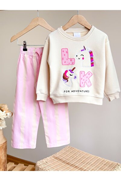 Pinkitokids Cute Süzene Embroidery Detailed Sweatshirt and Woven Pants Set