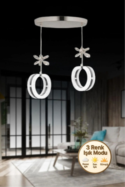 Litra Lighting Aurea Model 2’li Kristal Taşlı Gümüş 3 Renk Modu Ledli Salon M...