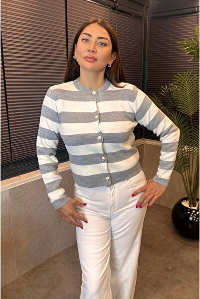 MİR STORE كارديجان رمادي بأزرار فضية وتفاصيل خطية