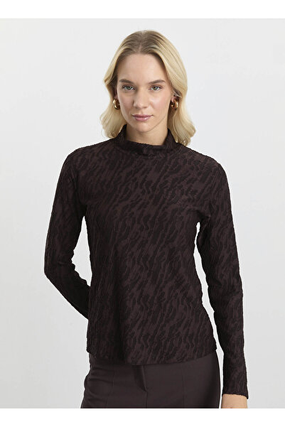 Selen Balıkçı Yaka Baskılı Kahve Kadın Bluz 25KSL8210