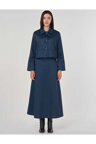 Kayra Embossed Pattern Skirt Suit Dark Navy Blue