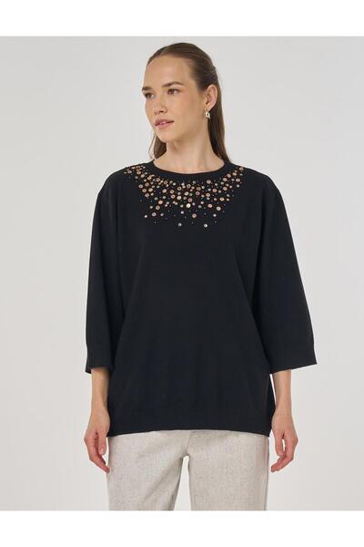 Kayra Sequin Embroidered Knitwear Tunic Black