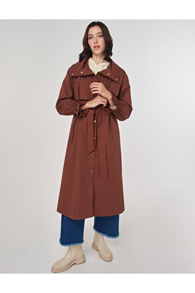KYR Bilek Detaylı Uzun Trençkot Kahve