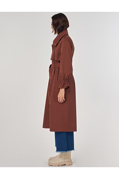 KYR Bilek Detaylı Uzun Trençkot Kahve