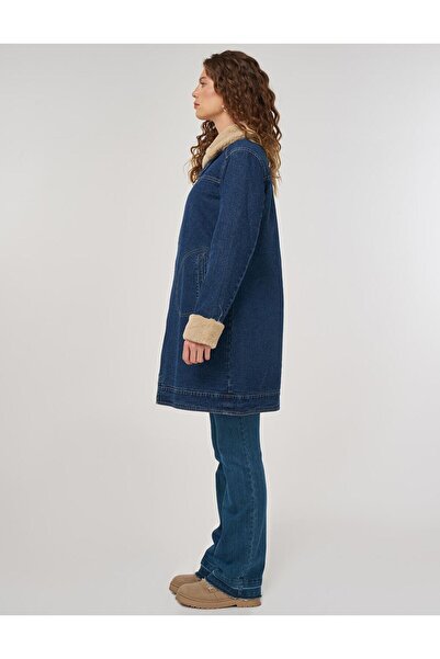 Kayra Fur Collar Denim Coat Dark Navy Blue