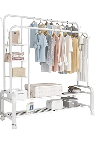 Aralifes رف ملابس مستقل مزدوج القضبان مع عجلات محمولة وقابلة للتحريك مع أرفف تخزين بخمس طبقات