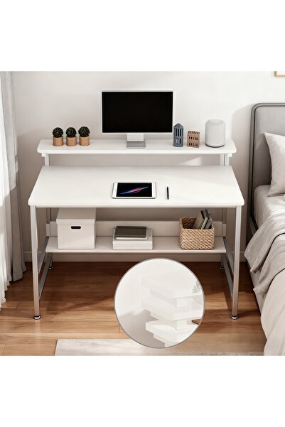 Aralifes Modern White Gaming Desk with Shelf - Space-Saving, Ideal for Home Office & PC Gaming Workstation