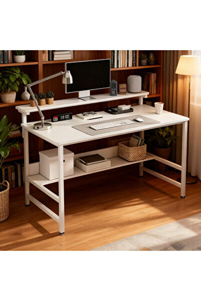 Aralifes Modern White Gaming Desk with Shelf - Space-Saving, Ideal for Home Office & PC Gaming Workstation
