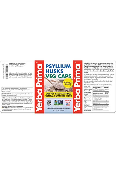 Yerba Prima Psyllium Husks Veg Caps, 400 Capsules (625 mg) - Daily Fiber Supplement