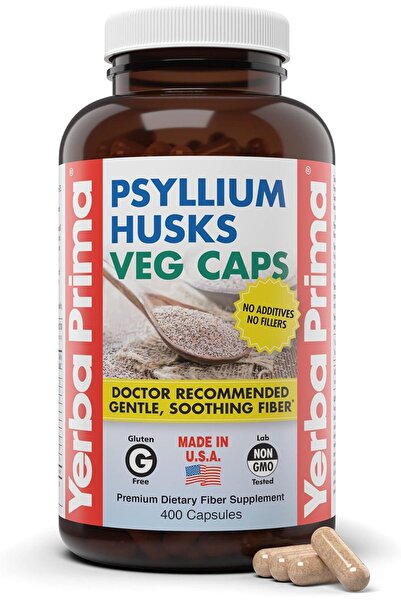 Yerba Prima Psyllium Husks Veg Caps, 400 Capsules (625 mg) - Daily Fiber Supplement