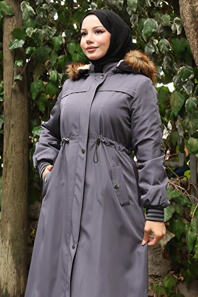 Missvalle Шуба з хутряним коміром і поясом, сіра 19269