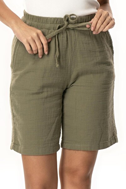 Eliş Şile Bezi Pearl Tie-Up Long Summer Muslin Shorts Khaki Hk