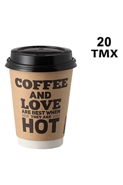 SHOPIENS Kraft Paper Cups Set with Black Plastic Lids, 360 ml, 20 pcs - MYONNA