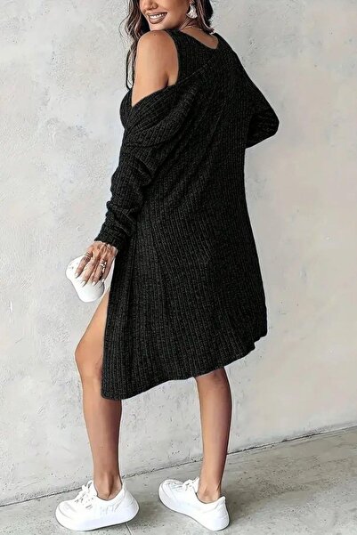 Mossta Button Detailed Strap Dress and Short Cardigan Two-Piece Set - Black