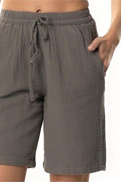 Eliş Şile Bezi Pearl Tie-Up Long Summer Muslin Shorts Gray Gray