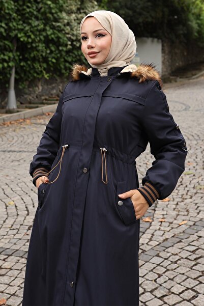 Missvalle Пальто з хутряним коміром і шнурівкою на талії, темно-синє 19269