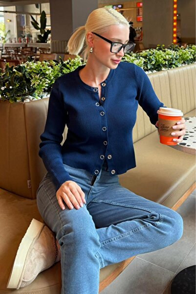 Madmext Indigo Snap Closure Knitwear Women's Cardigan Mg2579