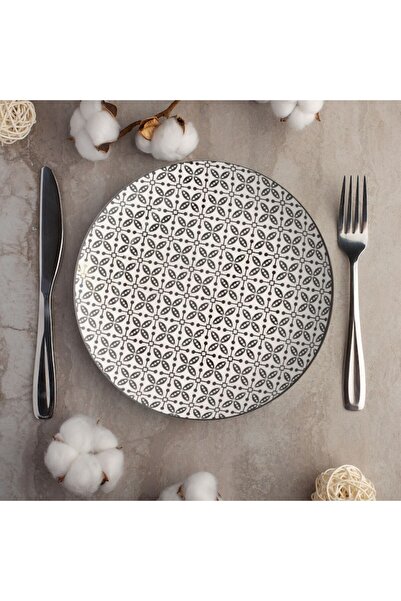 SHOPIENS Farfurie din porțelan, model geometric, bej cu negru, 26,5 cm