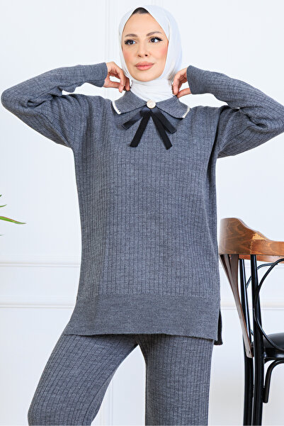 benguen Πλεκτό σετ με λεπτομέρεια κορδέλας στο λαιμό S1064 Ανθρακί