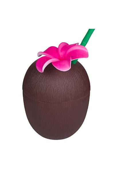 SHOPIENS 3D Plastic Cup, Coconut Shape, 0.65 L, Green Straw, Fuchsia Flower - MYONNA IT & E-COMMERCE