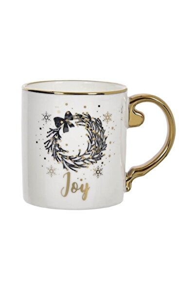 SHOPIENS Christmas Mug New Bone 'Joy' White with Gold Handle 355 ml